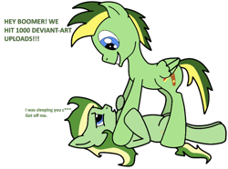 Size: 802x598 | Tagged: safe, artist:didgereethebrony, base used, oc, oc:boomerang beauty, oc:didgeree, species:earth pony, species:pegasus, species:pony, bed hair, brother and sister, cutie mark, dialogue, female, glare, happy, male, messy mane, rude awakening, siblings, simple background, trace, transparent background, vulgar