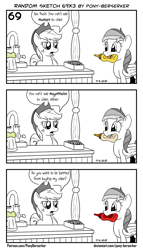 Size: 1320x2309 | Tagged: safe, artist:pony-berserker, character:applejack, character:rainbow dash, species:earth pony, species:pegasus, species:pony, bits, cider, cider stand, clothing, comic, dialogue, duo, faucet, female, food, grayscale, hat, ketchup, mare, mayonnaise, monochrome, mouth hold, mustard, neo noir, partial color, pony-berserker's twitter sketches, rainbow mustard, sauce, simple background, speech bubble, stippling, that pony sure does love mustard, white background