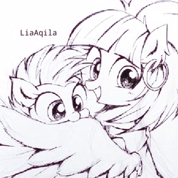 Size: 2304x2304 | Tagged: safe, artist:liaaqila, character:rainbow dash, character:windy whistles, species:pegasus, species:pony, baby, baby dash, baby pony, biting, cute, dashabetes, female, high res, mare, monochrome, mother and child, mother and daughter, nom, open mouth, wing bite, younger