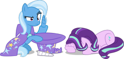 Size: 1855x887 | Tagged: safe, artist:8-notes, artist:cheezedoodle96, artist:crystalmagic6, artist:sketchmcreations, editor:slayerbvc, character:starlight glimmer, character:trixie, species:pony, species:unicorn, cape, clothing, confused, detachable horn, earth pony trixie, female, hat, horn, magic trick, mare, modular, oops, out of trixie's hat, simple background, sitting, transparent background, trixie's cape, trixie's hat, whoops