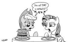 Size: 1200x675 | Tagged: safe, artist:pony-berserker, character:applejack, character:rarity, species:earth pony, species:pony, species:unicorn, black and white, dialogue, duo, female, food, grayscale, mare, monochrome, olive, pony-berserker's twitter sketches, sandwich, simple background, size comparison, size difference, size matters, sketch, speech bubble, stippling, white background