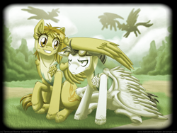 Size: 900x675 | Tagged: safe, artist:inuhoshi-to-darkpen, character:soarin', character:spitfire, species:pegasus, species:pony, episode:wonderbolts academy, clothing, duo focus, female, lead pony, lead pony badge, male, mare, sepia, sitting, stallion, uniform, unshorn fetlocks, wing pony, wingpony badge, wonderbolt trainee uniform, younger