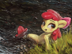 Size: 1200x900 | Tagged: safe, artist:assasinmonkey, character:apple bloom, species:seapony (g4), adorabloom, cute, female, grass, looking back, open mouth, river, rock, scenery, seaponified, seapony apple bloom, sitting, solo, species swap, stream, water