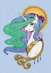 Size: 886x1249 | Tagged: safe, artist:longinius, edit, editor:bandaid bliss, character:princess celestia, species:alicorn, species:pony, blue background, blushing, collaboration, colored, cute, cutelestia, female, flower, flower in hair, halo, mare, simple background, solo