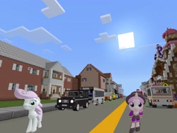 Size: 2048x1536 | Tagged: safe, artist:topsangtheman, character:twinkleshine, species:pony, species:unicorn, 3d, bus, clothing, hat, house, looking at you, mercedes-benz, minecraft, photoshopped into minecraft, ponidox, self ponidox, sfm pony, source filmmaker, sugarcube corner, uniform