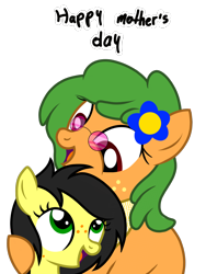 Size: 1200x1600 | Tagged: safe, artist:toyminator900, oc, oc only, oc:rancheree, oc:uppercute, species:earth pony, species:pony, duo, flower, flower in hair, freckles, glasses, mother's day, open mouth, simple background, transparent background