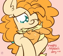 Size: 1920x1686 | Tagged: safe, artist:kimjoman, character:applejack, character:pear butter, species:earth pony, species:pony, colored pupils, cute, duo, ear fluff, eyes closed, female, filly, filly applejack, floppy ears, hug, jackabetes, mare, mother and child, mother and daughter, mother's day, one eye closed, pearabetes, pink background, simple background, younger
