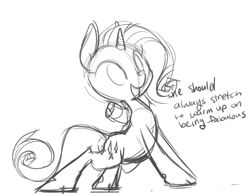 Size: 706x550 | Tagged: safe, artist:php27, character:rarity, species:classical unicorn, species:pony, species:unicorn, backbend, cloven hooves, cutie mark, female, mare, monochrome, sketch, solo, stretching
