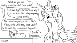 Size: 1200x675 | Tagged: safe, artist:pony-berserker, part of a set, character:princess celestia, character:princess luna, dialogue, food, midlife crisis, monochrome, parody, pickle, pickle rick, reference, rick and morty, speech bubble, wat