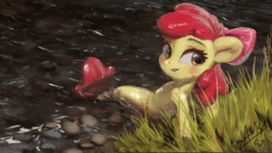 Size: 1280x720 | Tagged: safe, artist:assasinmonkey, artist:vest, character:apple bloom, species:seapony (g4), adorabloom, animated, cute, female, grass, looking back, loop, no sound, open mouth, river, rock, scenery, seaponified, seapony apple bloom, sitting, solo, species swap, stream, wallpaper, water, webm