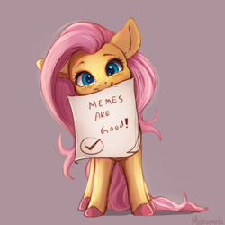 Size: 4000x4000 | Tagged: safe, artist:miokomata, character:fluttershy, species:pegasus, species:pony, blushing, colored hooves, fangs, female, freckles, freckleshy, looking at you, mare, meme, meta, mouth hold, signature, simple background