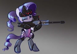 Size: 1500x1053 | Tagged: safe, artist:dawnfire, species:pony, species:unicorn, bipedal, clothing, cosplay, costume, crossover, gun, one eye closed, overwatch, rarimaker, rifle, sniper rifle, solo, weapon, widowmaker