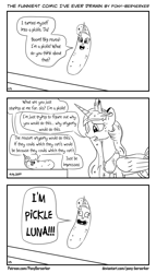 Size: 1320x2309 | Tagged: safe, artist:pony-berserker, character:princess celestia, character:princess luna, species:alicorn, species:pony, comic, dialogue, duo, food, monochrome, pickle, pickle rick, rick and morty, speech bubble