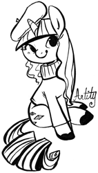 Size: 470x830 | Tagged: safe, artist:php27, character:rarity, species:pony, species:unicorn, beatnik rarity, beret, clothing, female, hat, mare, monochrome, sitting, smiling, solo, sweater