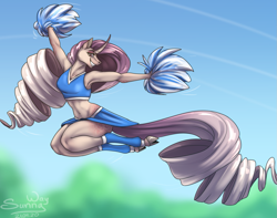 Size: 1267x1000 | Tagged: safe, artist:sunny way, patreon reward, oc, oc only, oc:sumac spirit, species:anthro, species:pony, species:unguligrade anthro, species:unicorn, anthro oc, armpits, breasts, cheerleader, clothing, cloven hooves, cute, female, horn, jumping, long hair, looking at you, lovely, mare, midriff, patreon, pom pom, sideass, skirt, smiling, smiling at you, solo, sports bra