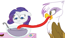 Size: 1309x769 | Tagged: safe, artist:elslowmo, artist:php27, character:gilda, character:rarity, species:griffon, species:pony, species:unicorn, bowl, candy, drink, duo, female, floppy ears, impossibly long tongue, mare, punch bowl, simple background, tongue out, wat, white background