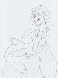 Size: 1238x1654 | Tagged: safe, artist:longinius, character:queen novo, species:seapony (g4), my little pony: the movie (2017), blushing, bubble, crown, female, fin wings, fins, fish tail, heart, jewelry, monochrome, necklace, pretty, queen, regalia, seashell necklace, simple background, smiling, solo, tail, traditional art, underwater, white background, wings