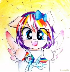 Size: 2283x2325 | Tagged: safe, artist:liaaqila, character:rainbow dash, oc, oc:qilala, species:pegasus, species:pony, bow, cute, dawwww, drawing, female, filly, floppy ears, hair bow, ocbetes, paper, solo, traditional art, younger