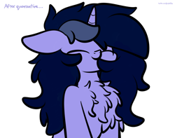 Size: 3250x2560 | Tagged: safe, artist:kimjoman, oc, oc only, oc:purple flix, species:pony, species:unicorn, chest fluff, eyes closed, fluffy, long hair, male, simple background, solo, stallion, text, white background