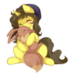 Size: 597x619 | Tagged: safe, artist:loyaldis, oc, oc:astral flare, species:pony, species:unicorn, adorable face, beanie, blushing, clothing, crossover, cute, dawwww, eevee, hat, hug, pokémon, simple background, transparent background