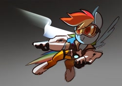 Size: 1709x1200 | Tagged: safe, artist:dawnfire, character:rainbow dash, species:pegasus, species:pony, clothing, cosplay, costume, crossover, female, goggles, gun, mare, overwatch, rainbow tracer, solo, tracer, weapon