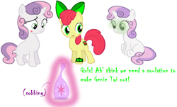 Size: 500x302 | Tagged: safe, artist:navitaserussirus, character:apple bloom, character:sweetie belle, character:twilight sparkle, species:earth pony, species:pony, species:unicorn, sweetie bot, applebot, ben 10, bow, crying, female, filly, genie, genie pony, geniefied, hair bow, mare, misspelling, omnitrix, robot, s team, sobbing