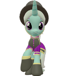 Size: 651x720 | Tagged: safe, artist:topsangtheman, species:pony, species:unicorn, 3d, clothing, cornetta, female, hat, looking at you, looking down at you, raised hoof, simple background, solo, source filmmaker, transparent background, uniform