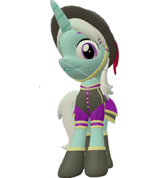 Size: 638x720 | Tagged: safe, artist:topsangtheman, species:pony, species:unicorn, 3d, clothing, cornetta, female, hat, looking at you, looking down at you, simple background, solo, source filmmaker, transparent background, uniform
