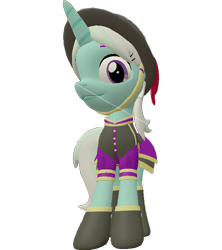 Size: 638x720 | Tagged: safe, alternate version, artist:topsangtheman, species:pony, species:unicorn, 3d, clothing, cornetta, female, hat, looking at you, looking down at you, simple background, solo, source filmmaker, transparent background, uniform