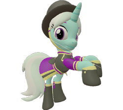 Size: 805x720 | Tagged: safe, artist:topsangtheman, species:pony, species:unicorn, 3d, clothing, cornetta, female, hat, looking at you, raised hoof, simple background, solo, source filmmaker, transparent background, uniform