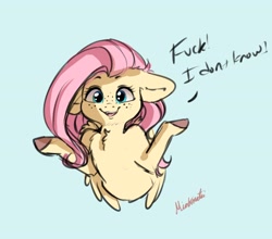 Size: 3569x3140 | Tagged: safe, artist:miokomata, character:fluttershy, species:pegasus, species:pony, bust, chest fluff, colored hooves, dialogue, fangs, female, floppy ears, freckles, freckleshy, looking at you, mare, open mouth, shrug, signature, simple background, solo, vulgar