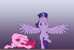 Size: 5917x4039 | Tagged: safe, artist:xbi, character:pinkie pie, character:twilight sparkle, character:twilight sparkle (alicorn), species:alicorn, species:earth pony, species:pony, 30 minute art challenge finished after, action pose, armpits, backbend, balance, duo, flexible, gradient background, stretching, yoga