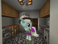 Size: 2048x1536 | Tagged: safe, artist:topsangtheman, species:pony, species:unicorn, 3d, clothing, cornetta, female, hat, house, kitchen, looking at you, minecraft, photoshopped into minecraft, solo, source filmmaker, uniform