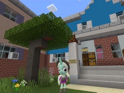 Size: 2048x1536 | Tagged: safe, artist:topsangtheman, species:pony, species:unicorn, 3d, clothing, cornetta, dandelion, female, hat, house, looking at you, minecraft, photoshopped into minecraft, solo, source filmmaker, tree, uniform