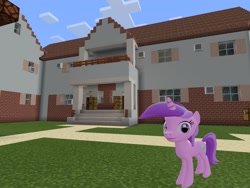 Size: 2048x1536 | Tagged: safe, artist:topsangtheman, character:amethyst star, character:sparkler, species:pony, species:unicorn, 3d, female, house, looking at you, minecraft, photoshopped into minecraft, solo, source filmmaker