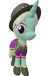 Size: 475x720 | Tagged: safe, artist:topsangtheman, species:pony, species:unicorn, 3d, aside glance, clothing, cornetta, female, hat, looking at you, looking sideways, simple background, solo, source filmmaker, transparent background, uniform