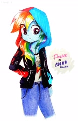 Size: 2156x3477 | Tagged: safe, artist:liaaqila, character:rainbow dash, my little pony:equestria girls, anime, clothing, crossover, hoodie, jacket, my hero academia, pants, rainbow dash always dresses in style, signature, traditional art