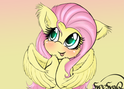 Size: 1715x1229 | Tagged: safe, artist:freefraq, character:fluttershy, species:pegasus, species:pony, blep, blushing, cheek fluff, cute, ear fluff, female, hooves to the chest, leg fluff, mare, shyabetes, solo, tongue out