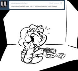 Size: 770x700 | Tagged: dead source, safe, artist:tess, character:pinkie pie, species:human, caught, cookie, crumbs, eating, female, humanized, looking back, monochrome, sitting, solo