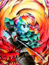 Size: 2322x3096 | Tagged: safe, artist:liaaqila, character:rainbow dash, my little pony:equestria girls, crossover, demon slayer, female, kimetsu no yaiba, solo, sword, weapon