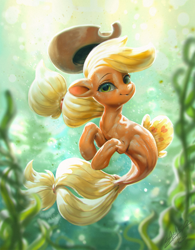Size: 938x1200 | Tagged: safe, artist:assasinmonkey, character:applejack, species:pony, species:seapony (g4), applejack's hat, applejacked, bubble, clothing, cowboy hat, cute, detailed, female, fish tail, flowing mane, green eyes, hat, jackabetes, looking at you, muscles, muscular female, seaponified, seapony applejack, seaweed, signature, smiling, solo, species swap, sun, sunlight, underwater, water