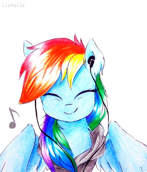 Size: 514x600 | Tagged: safe, artist:liaaqila, artist:szafir87, character:rainbow dash, species:pegasus, species:pony, animated, clothing, cute, dashabetes, earbuds, female, gif, happy, headphones, hoodie, liaaqila is trying to murder us, liaaqila is trying to murder us with dashabetes, mare, music notes, simple background, smiling, solo, szafir87 is trying to murder us, weapons-grade cute, white background