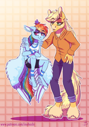 Size: 1448x2074 | Tagged: safe, artist:inuhoshi-to-darkpen, character:applejack, character:rainbow dash, species:anthro, species:earth pony, species:pegasus, species:pony, species:unguligrade anthro, chest fluff, clothing, duo, ear fluff, feathered fetlocks, freckles, holding, hoof fluff, pants, shorts, size difference, smoldash, unamused, unshorn fetlocks