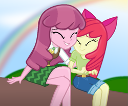 Size: 655x545 | Tagged: safe, artist:grapefruitface1, artist:wolf-lover125, base used, derpibooru original, character:apple bloom, character:cheerilee, my little pony:equestria girls, bow, clothing, eyes closed, female, outdoors, rainbow, smiling