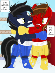 Size: 1200x1600 | Tagged: safe, artist:toyminator900, oc, oc only, oc:chip, oc:shadowmoon, species:pegasus, species:pony, bipedal, boxing, boxing gloves, boxing ring, boxing shorts, bruised, cloud, dialogue, facial hair, folded wings, gritted teeth, male, pegasus oc, sports, stallion, sweat, wings