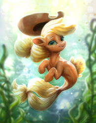 Size: 938x1200 | Tagged: safe, artist:assasinmonkey, edit, editor:calena, character:applejack, species:pony, species:seapony (g4), series:creature-verse, applejack's hat, applejacked, bubble, clothing, cowboy hat, cute, detailed, female, fish tail, flowing mane, green eyes, hat, jackabetes, looking at you, muscles, muscular female, paintover, seaponified, seapony applejack, seaweed, signature, smiling, solo, species swap, sun, sunlight, underwater, water