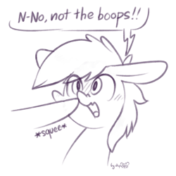 Size: 1024x1024 | Tagged: safe, artist:dsp2003, oc, oc:chillycube, species:pony, bipedal, blushing, boop, bust, chibi, comic, floppy ears, male, monochrome, non-consensual booping, open mouth, portrait, scrunchy face, signature, simple background, single panel, sketch, squee, startled, white background
