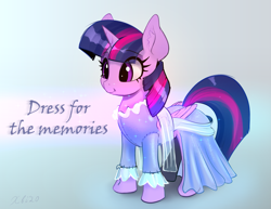 Size: 1725x1331 | Tagged: safe, artist:xbi, character:twilight sparkle, character:twilight sparkle (alicorn), species:alicorn, species:pony, episode:a-dressing memories, spoiler:a-dressing memories, clothing, cute, dress, female, folded wings, gradient background, mare, signature, smiling, solo, text, twiabetes, wings