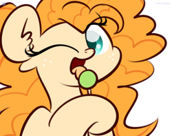 Size: 3250x2560 | Tagged: safe, artist:kimjoman, character:pear butter, species:earth pony, species:pony, candy, cute, female, food, licking, lollipop, looking at you, mare, one eye closed, simple background, solo, tongue out, white background, wink