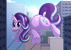 Size: 4093x2894 | Tagged: safe, alternate version, artist:sugaryviolet, character:starlight glimmer, species:pony, species:unicorn, g4, absurd resolution, balloon pony, bean mouth, city, cutie mark, digital art, female, inflatable, inflatable pony, mare, parade balloon, ropes, smiling